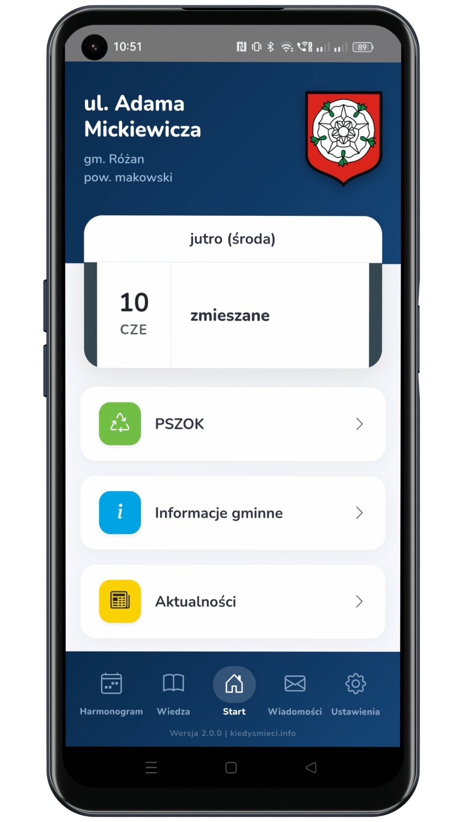 Ekran startowy aplikacji Kiedy Śmieci